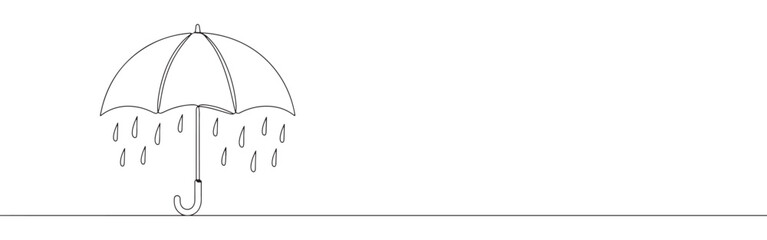 Continuous one-line drawing of an umbrella with raindrops, conveying simplicity, protection, and a rainy weather theme. Elegant linear art on a clean white background.