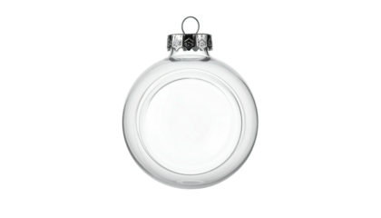 Clear glass Christmas ornament with silver top on black background