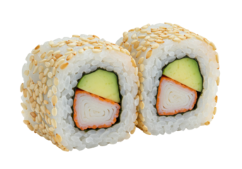 Isolated two pieces of sushi roll with rice, sesame seeds, nori seaweed, crab stick, avocado