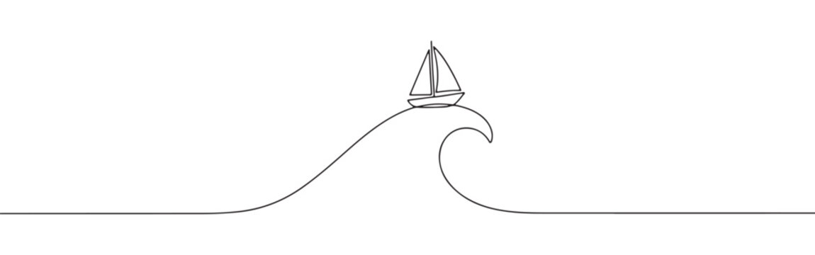 Continuous one-line drawing of a sailboat riding a wave, symbolizing adventure, freedom, and overcoming challenges in a minimalist marine style.