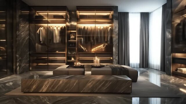 Luxury closet interior design displaying stylish wardrobe and lighting