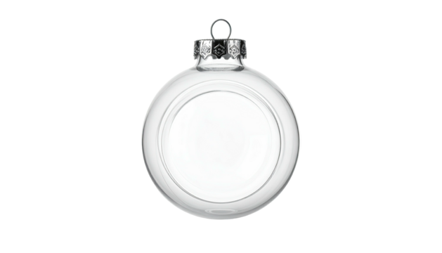 Clear glass Christmas ornament with silver top on black background