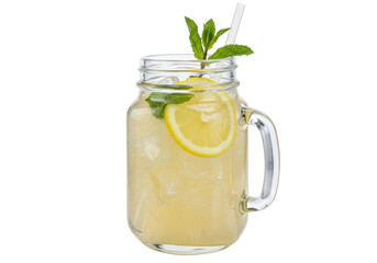 Isolated drink in glass mason jar, refreshing citrus lemonade with fresh mint, straw at top