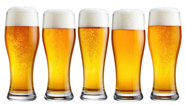 Five glasses full of light beer with foamy head in a row