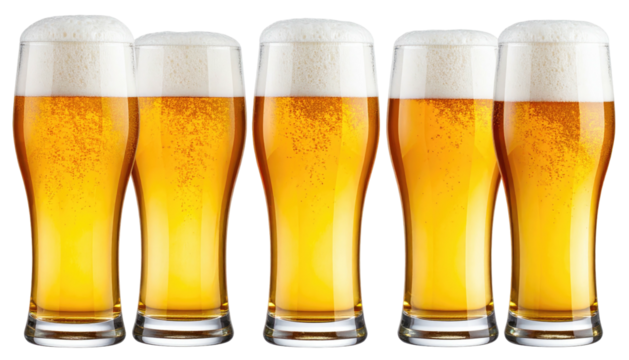 Row of five tall glasses filled with beer and foamy heads