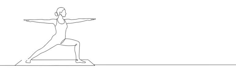 Continuous one-line drawing of a woman in a yoga pose on a mat, symbolizing strength, balance, wellness, and mindfulness in a minimalist style.