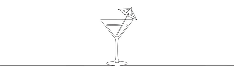 Continuous one-line drawing of a cocktail glass with a decorative umbrella, symbolizing summer, holidays, and refreshing drinks in a minimalist style.