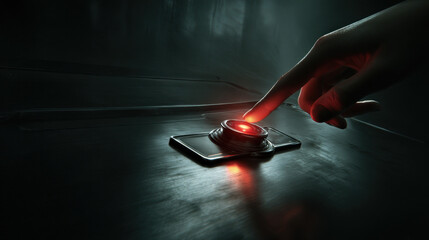 Finger activating digital security on a touch screen. A finger touches a button on a digital touch screen, representing digital security and data protection with a fingerprint illustration.