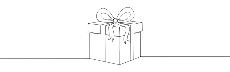 Continuous one-line drawing of a wrapped gift box with a bow, symbolizing celebration, surprises, and special occasions in a clean, minimalist outline on a white background.