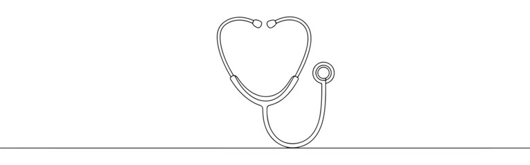 Continuous one-line drawing of a stethoscope forming a heart shape, symbolizing health, medicine, and care in a simple, minimalist outline on a white background.