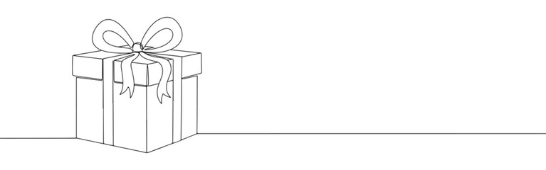 Continuous one-line drawing of a wrapped gift box with a bow, symbolizing celebration, surprises, and special occasions in a clean, minimalist outline on a white background.