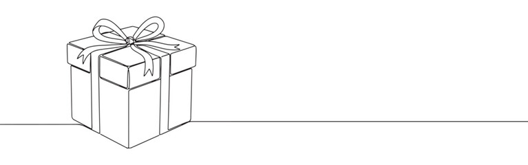 Continuous one-line drawing of a wrapped gift box with a bow, symbolizing celebration, surprises, and special occasions in a clean, minimalist outline on a white background.
