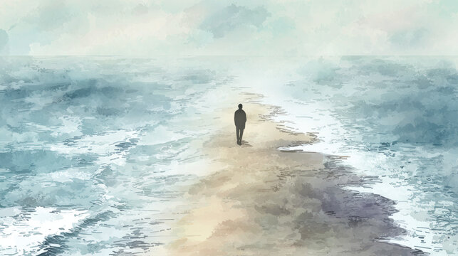 Man walking on beach between two blue seas concept. A solitary figure walks along a tranquil ocean path, reflecting calm.