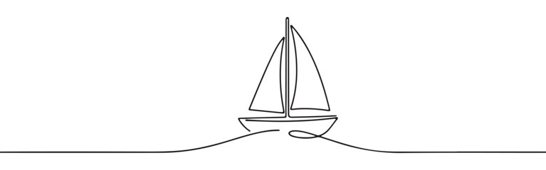 Continuous one-line drawing of a sailboat riding a wave, symbolizing adventure, freedom, and overcoming challenges in a minimalist marine style.