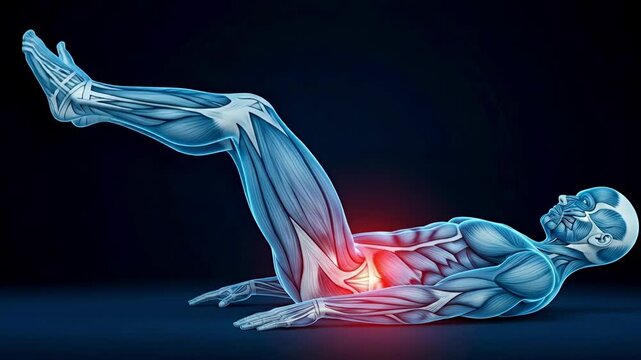 3D Render of Human Muscle Anatomy During Reverse Crunch or Leg Raise. Highlighted Lower Abdominal Core