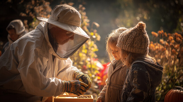 An elderly beekeeper teaching grandchildren about bees and nature in a garden.