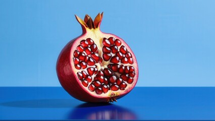 Bright, fresh style: a single, perfect pomegranate, sliced open to display vibrant red seeds on a reflective cobalt blue surface, ideal for food or wellness concepts.