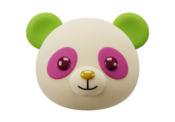 Isolated face of a cute cartoon panda with green ears, pink eyes and a yellow nose