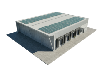 Isolated modern warehouse with solar panels, industrial building with docks and ramps system