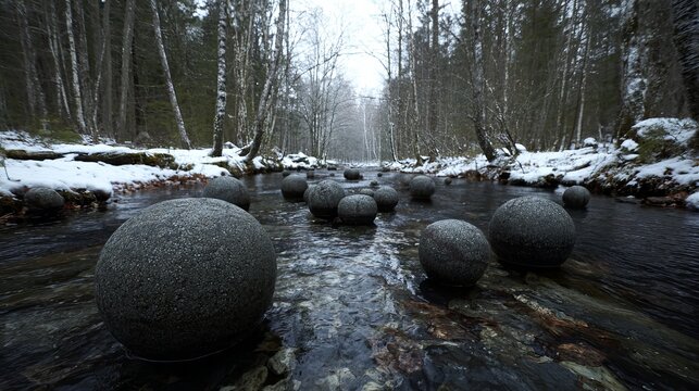 Mysterious spherical stones emerge from a flowing winter forest stream creating an ethereal natural wonder