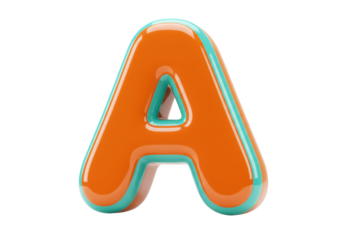 Isolated orange glossy letter A with turquoise outline, cute three-dimensional block typeface