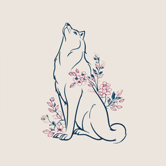 Elegant Floral Wolf Line Art Illustration