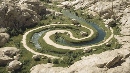 Serene spiral path winds through lush green valley alongside crystal clear river, surrounded by majestic rocky landscape