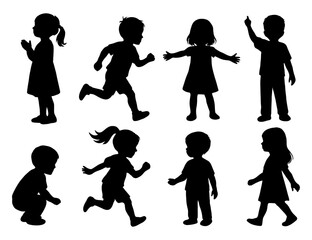 Silhouette collection of diverse children in various activities and poses.