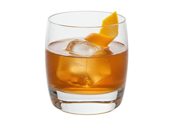 Isolated old fashioned cocktail with cube of ice and orange twist garnish on table