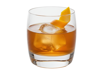 Isolated old fashioned cocktail with cube of ice and orange twist garnish on table