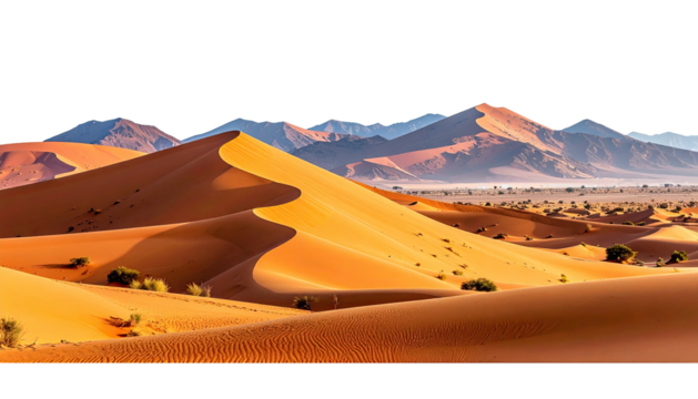 Golden dunes ripple across desert, mountains in the distance