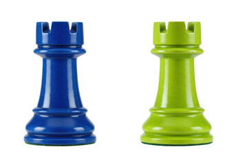 Isolated Wooden Rook Chess Pieces Blue and Green Contrast Design Elegant Artistic Close-Up © Johanna