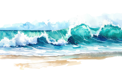 Watercolor wave crashes onto a sandy beach