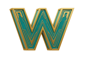 Isolated golden art deco letter W, 3D uppercase character with geometric ornament