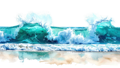 Two curling turquoise ocean waves crashing onto the sandy shore