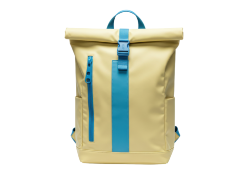 Isolated backpack rolltop bag, tan and turquoise; gear for school, hiking, travel, and weekend fun