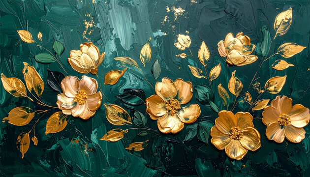 Abstract floral oil painting with blooming flowers and leaves in metallic gold, acrylic brushstrokes