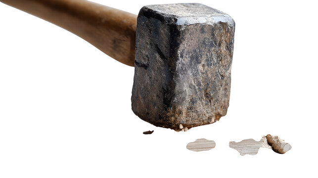 Chisel being struck with mallet into wood, close-up, white background