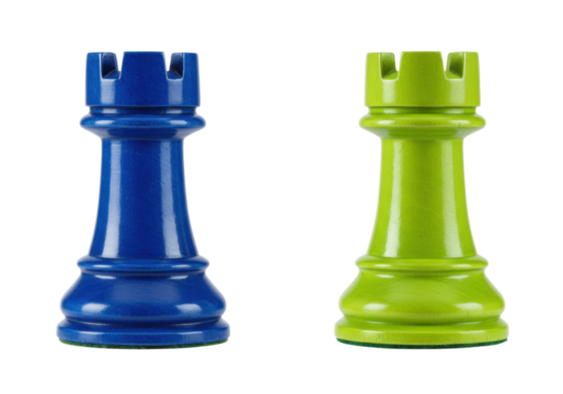 Isolated Wooden Rook Chess Pieces Blue and Green Contrast Design Elegant Artistic Close-Up