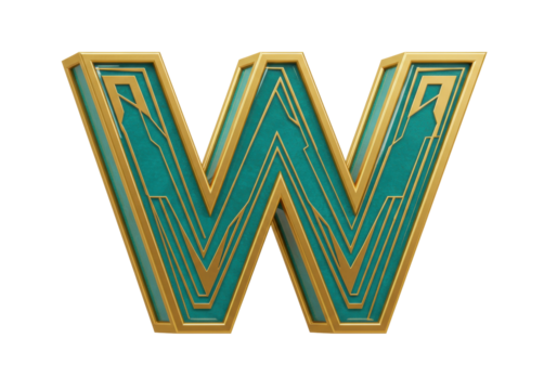 Isolated golden art deco letter W, 3D uppercase character with geometric ornament