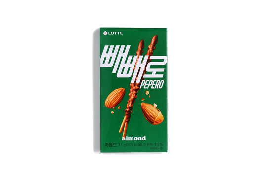 Seoul, South Korea - October 27, 2025: Lotte Confectionery's Pepero Almond Chocolate Coated Biscuit Sticks are being given out as a gift on November 11, Pepero Day in South Korea.
