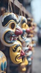masks with bold painted expressions hanging in row at cultural market with bright fabrics