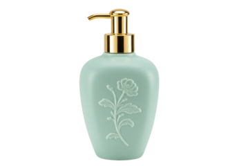 Isolated soap dispenser with embossed flower design, gold-colored pump, home hygiene item