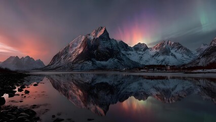 Aurora borealis over snow-capped mountains reflected in a calm lake. Concept Aurora Borealis, Snowy Mountains, Lake Reflections, Night Sky, Landscape Photography