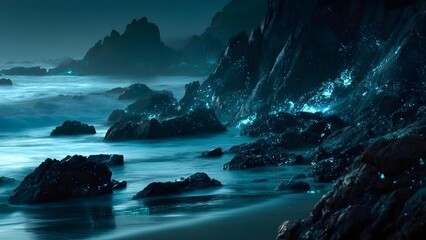 Obraz premium Bioluminescent blue waves glow on jagged rocks along a misty moonlit shoreline. Concept Bioluminescent Waves, Moonlit Shoreline, Misty Coast, Jagged Rocks, Blue Glow