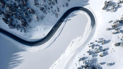 Aerial view of a snow-covered winding mountain road with a hairpin turn. Concept Aerial View, Snowy Mountains, Winding Road, Hairpin Turn, Drone Photography