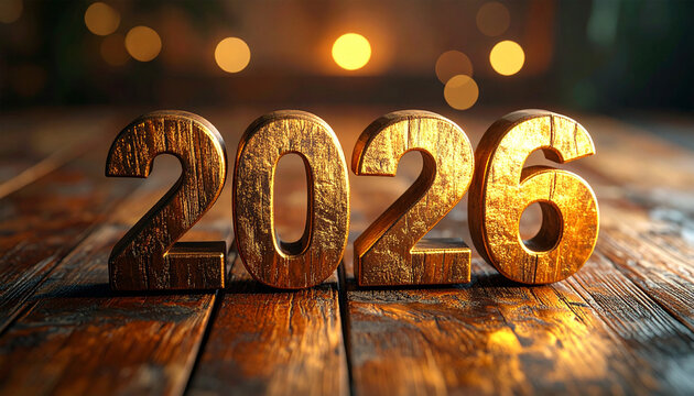 Rustic wooden table with 2026 numbers in warm lighting and cinematic depth