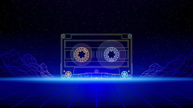 Retro futuristic abstract animated background. Synthwave 80s style video. Audio compact cassette, laser grid floor, wireframe mountain. 3d digital backdrop, music template. Seamless loop
