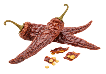 Isolated dried chili peppers, with seeds and pieces, culinary ingredient, spicy red pepper