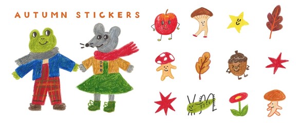 Hand-drawn autumn animals and nature elements in colored pencil style, cute fall clip art set with frog, mouse, acorn, leaves, and mushrooms on white background